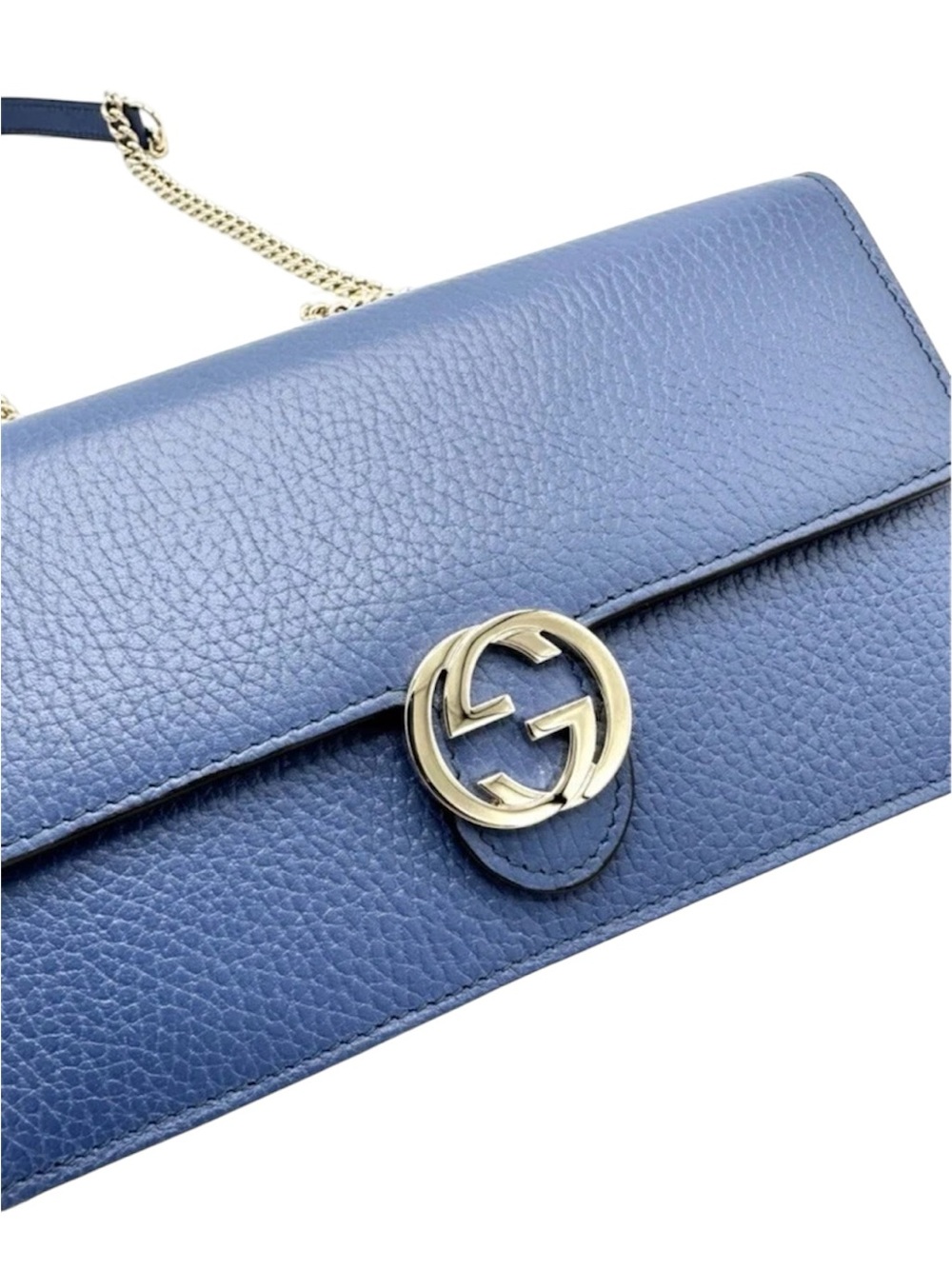 GUCCI Dollar Interlocking G Calfskin Leather Chain Wallet Crossbody Bag Blue - Picture 3 of 12